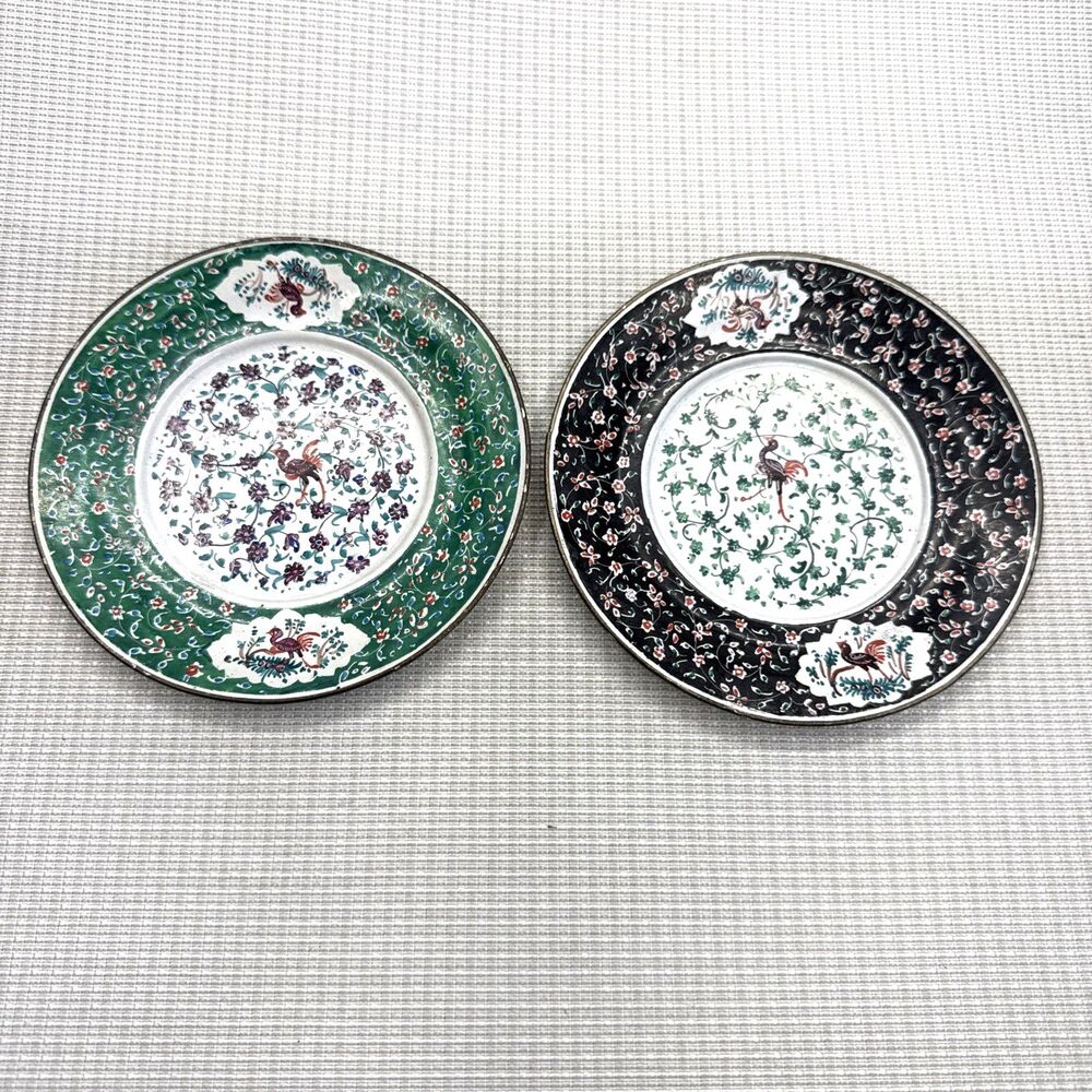 Vintage Painted Enamel over Metal 5" Saucer Plates Green Black, Phoenix Set of 2